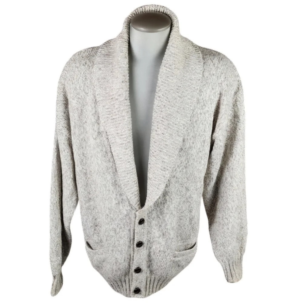 Vintage Wool  Blend Shawl Collar Grampa Cardigan Cream Brown Heather Size Large